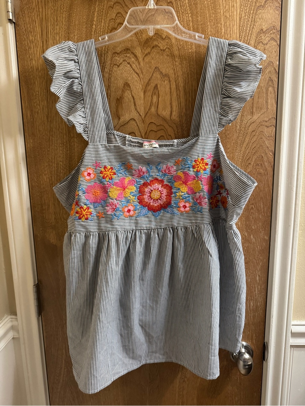 Andree By Unit Embroidered Floral Babydoll Tank Top Striped Ruffle Straps 2X